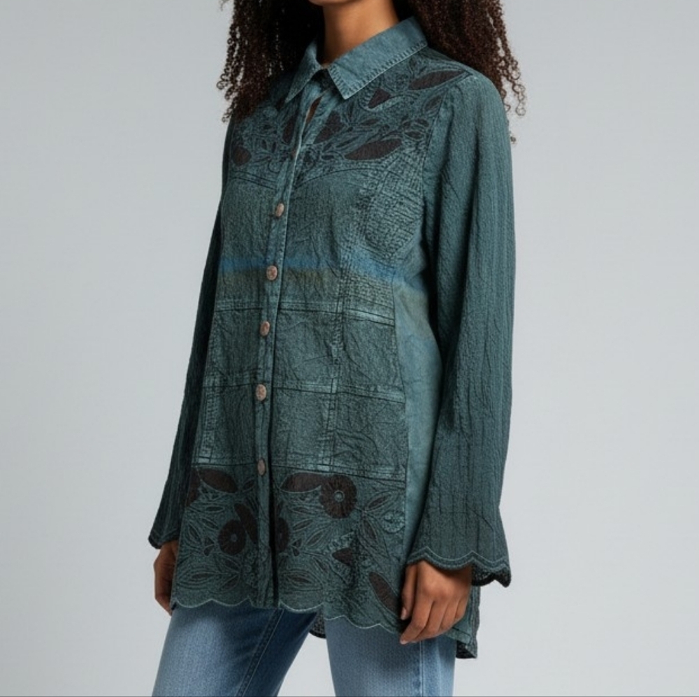 NEW! Parsley & Sage Teal Green Embroidered Button-Front Top 4324